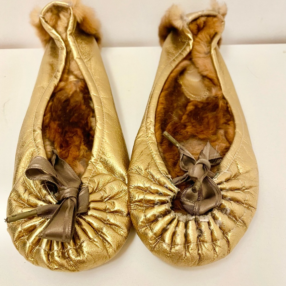 Anthropologie Gold Metallic Ballet Flats with Fur Lining
